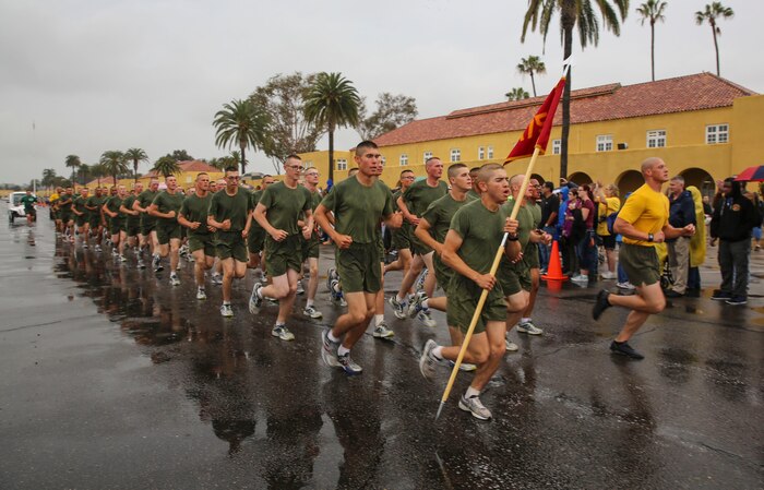 Marines of Hotel Company, 2nd Recruit Training Battalion, run in formation during their motivation run at Marine Corps Recruit Depot San Diego, April 7. After the Marines complete the run, they spend the rest of the afternoon with their families, friends and loved ones during on-base liberty. Annually, more than 17,000 males recruited from the Western Recruiting Region are trained at MCRD San Diego. Hotel Company is scheduled to graduate April 8.