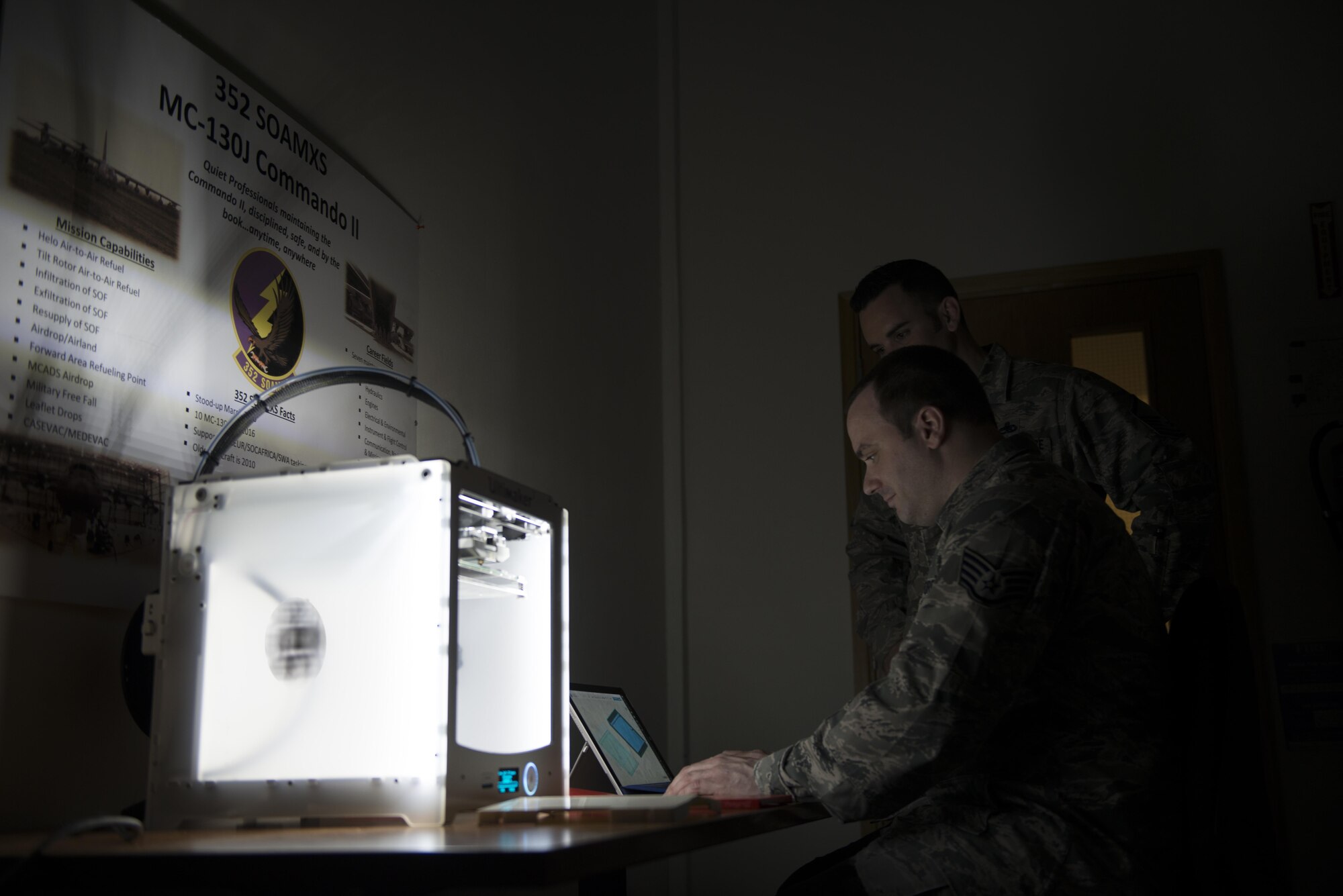 Staff Sgt. Matthew Farmer, 352d Special Operations Aircraft Maintenance Squadron Aerospace Propulsion Craftsman, uses a 3D printer to create protective covers he designed to guard against damage to brittle MC-130J Commando II components and submitted through the Airmen Powered by Innovation program. The API program, incepted in April 2014, has received more than 5,300 ideas and has identified potential cost savings of more than $37 million. (U.S. Air Force photo by 1st Lt Chris Sullivan/Released)