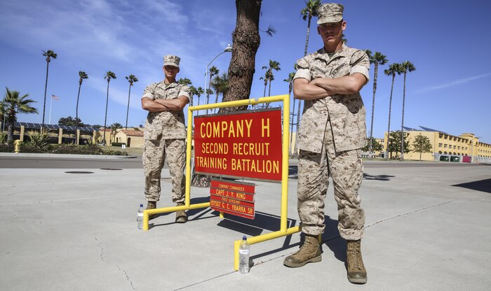 Privates Zachary and Shelby, Hotel Company, 2nd Recruit training Battalion, stand next to his squad bay at Marine Corps Recruit Depot San Diego, April 3. After graduation, both of the new Marines will be sent to the School of Infantry at Marine Corps Base Camp Pendleton, Calif., to further their training as an infantryman. Once they graduate, they will go their separate ways to learn their primary jobs in the Marine Corps. Zachary is going to be an assault amphibious vehicle crew member while Shelby will be an expeditionary airfield systems technician. Hotel Company is scheduled to graduate April 8.