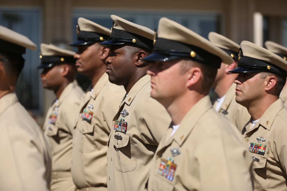 MARINE CORPS BASE CAMP PENDLETON, Calif. – Chief petty officers stand in formation during a dedication ceremony of Camp Pendleton’s ‘Anchor Up Club’ as a Chiefs Mess to the North County Chief Petty Officer Association on April 1, 2016, at Camp Pendleton. Marines with I Marine Expeditionary Force Headquarters Group, dedicated the club in celebration of the 123rd birthday of chief petty officers throughout the Navy. A Chiefs Mess is a lounge and living quarters area typically designated for chief petty officers aboard boats, ships, and Naval Air Stations. (U.S. Marine Corps photo by Cpl. Angel Serna/Released)