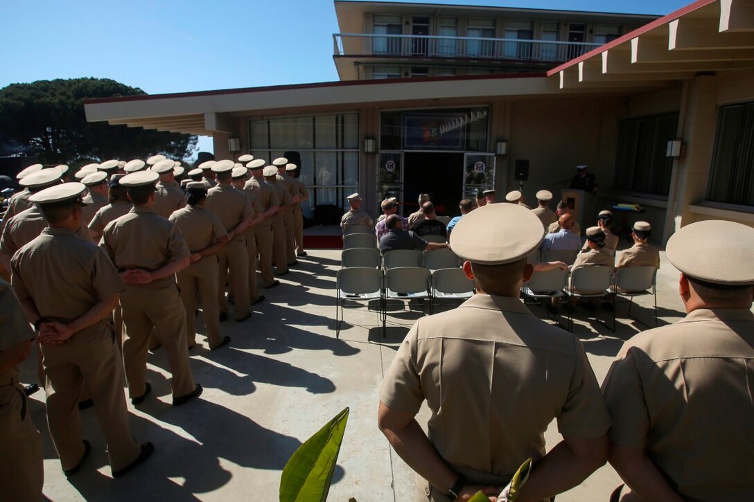 MARINE CORPS BASE CAMP PENDLETON, Calif. – Marines and chief petty officers with I Marine Expeditionary Force attend a dedication ceremony of Camp Pendleton’s ‘Anchor Up Club’ as a Chiefs Mess to the North County Chief Petty Officer Association on April 1, 2016 at Camp Pendleton. Marines with I Marine Expeditionary Force Headquarters Group dedicated the club in celebration of the 123rd birthday of chief petty officers throughout the Navy. A Chiefs Mess is a lounge and living quarters area typically designated for chief petty officers aboard boats, ships, and Naval Air Stations. (U.S. Marine Corps photo by Cpl. Angel Serna/Released)
