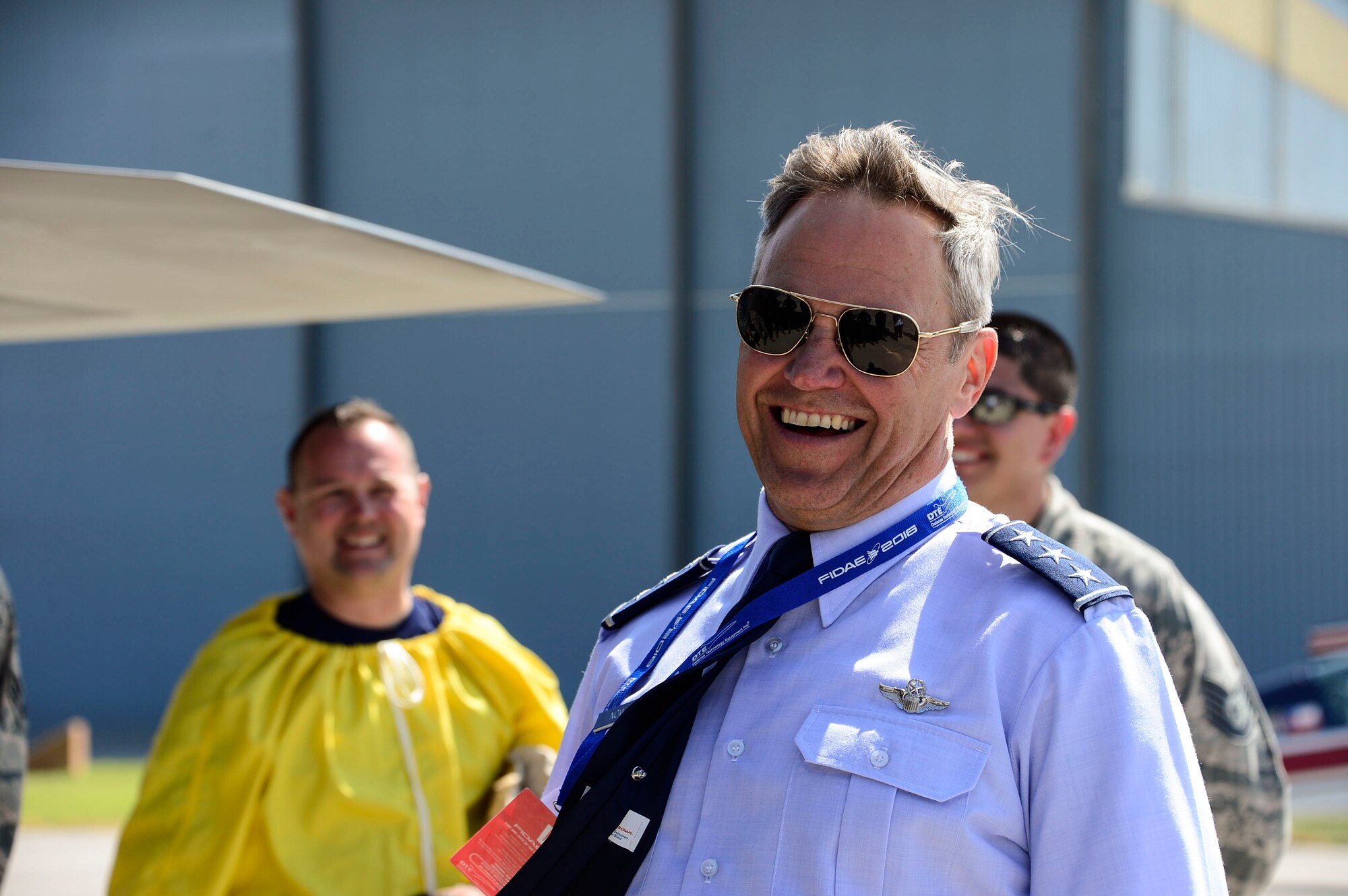 Lt. Gen. Chris Nowland, 12th Air Force (Air Forces Southern) commander, visits with the members of the F-22 Raptor Demonstration Team, Langley AFB, Va., during the 2016 International Air and Space Fair (FIDAE) in Santiago, Chile, March 29, 2016. During FIDAE, U.S. Airmen participated in in several subject matter expert exchanges with their Chilean counterparts and also hosted static displays and conducted aerial demonstrations to support the air show.  (U.S. Air Force photo by Tech. Sgt. Heather Redman/Released)