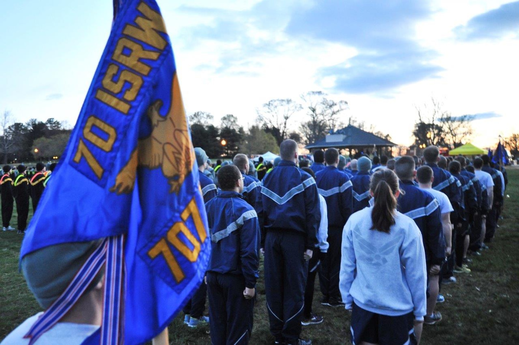 Airmen assigned to the 70th Intelligence, Surveillance and Reconnaissance Wing stand in formation and prepare to begin the 2016 Sexual Assault, Awareness and Prevention Month garrison run April 8, 2016 at Fort George G. Meade, Md. There were over 1,900 joint service members participating in the SAAPM event. (U.S. Air Force photo/Staff Sgt. Alexandre Montes)