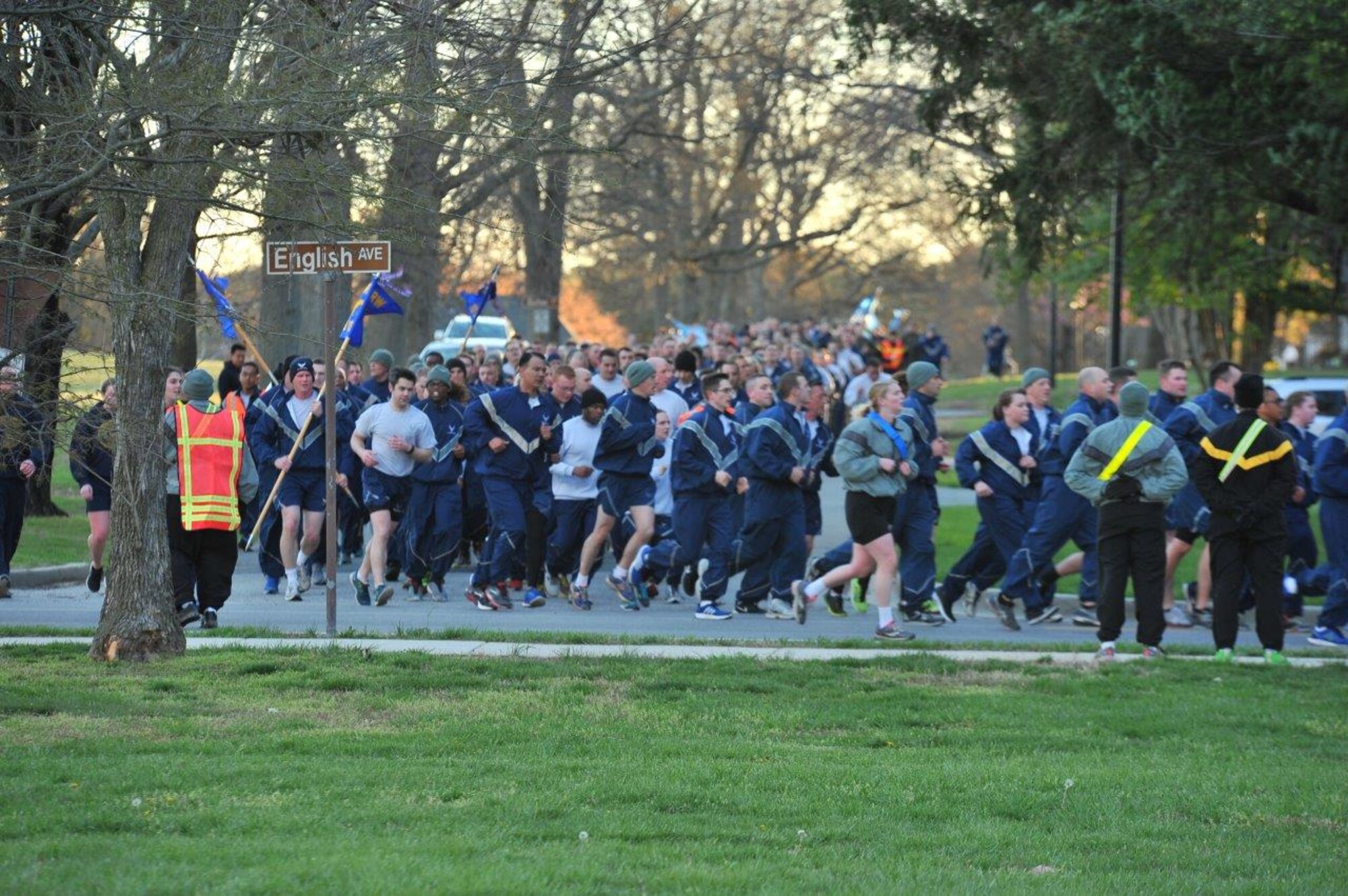 Airmen, Soldiers, Sailors, Marines and Coast Guard run in the 2016 Sexual Assault, Awareness and Prevention Month garrison run April 8, 2016 at Fort George G. Meade, Md. There were over 1,900 joint service members participating in the SAAPM event. (U.S. Air Force photo/Staff Sgt. Alexandre Montes)