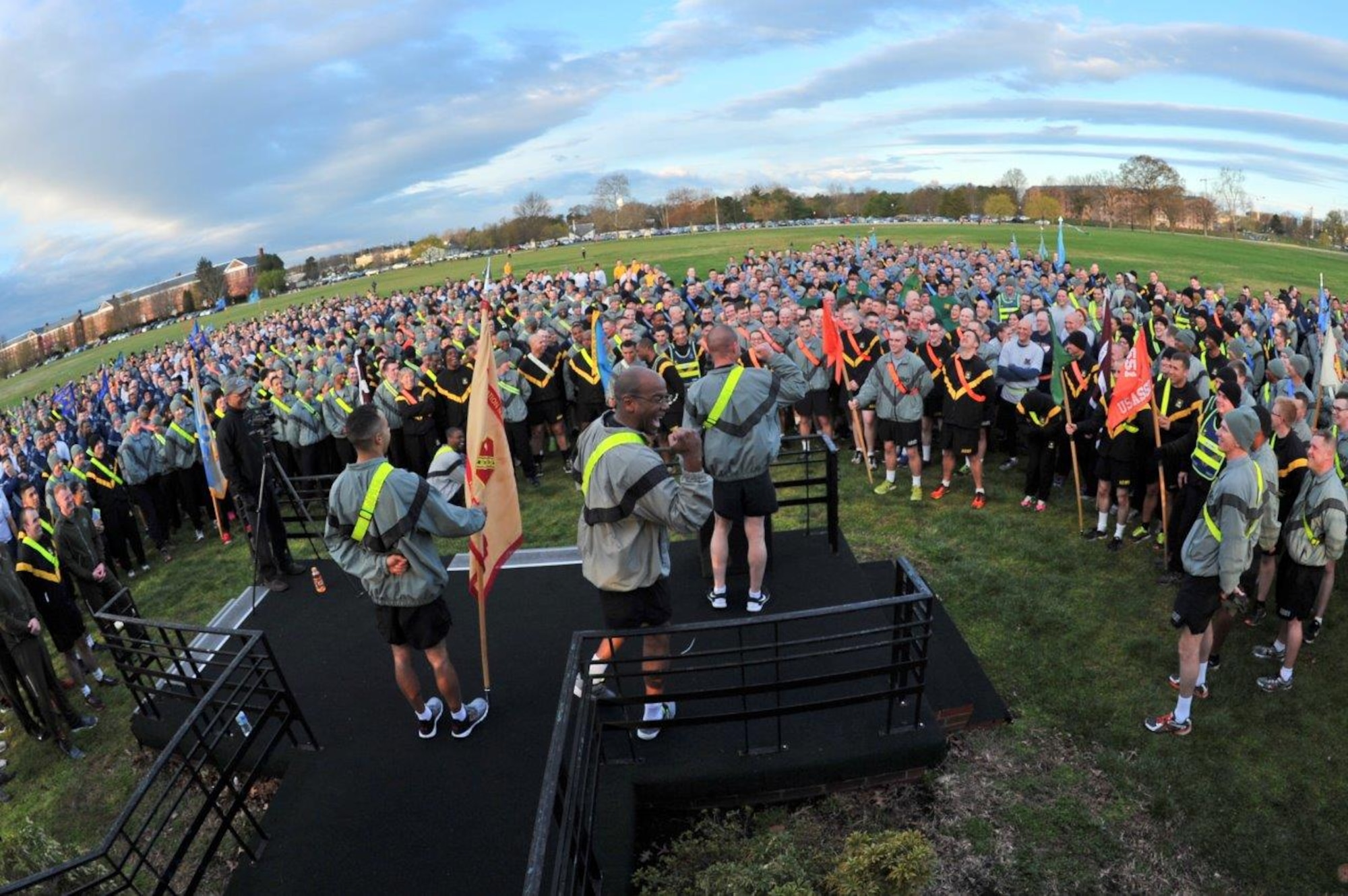 Garrison Commander, Colonel Brian Foley, gives his final remarks at the end of the 2016 Sexual Assault, Awareness and Prevention Month garrison run April 8, 2016 at Fort George G. Meade, Md. There were over 1,900 joint service members participating in the SAAPM event. (U.S. Air Force photo/Staff Sgt. Alexandre Montes)