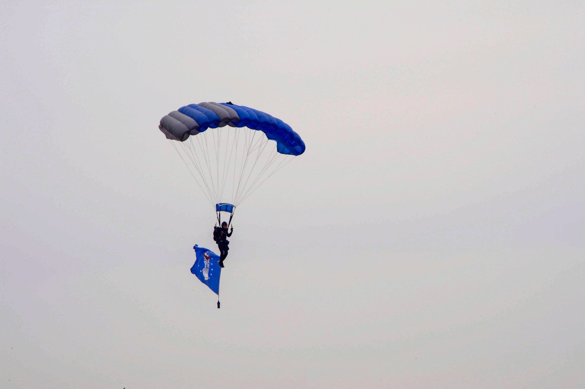 Members from the U.S. Air Force skydiving team, Wings of Blue, perform over the 2016 International Air and Space Fair (FIDAE) in Santiago, Chile, April 1, 2016. During FIDAE, U.S. Airmen participated in in several subject matter expert exchanges with their Chilean counterparts and also hosted static displays and aerial demonstrations to support the air show.  (U.S. Air Force photo by Tech. Sgt. Heather Redman/Released)