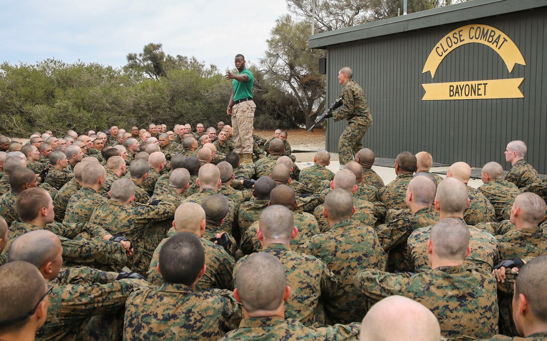 Sergeant Michael J. Redd, Marine Corps Martial Arts Program instructor, Instructional Training Company, Recruit Training Regiment, teaches a MCMAP class about bayonet techniques at Marine Corps Recruit Depot San Diego, April 6. The recruits learned different offensive and defensive techniques that included strikes and blocks that Marines use when faced with enemies in combat situations. Annually, more than 17,000 males recruited from the Western Recruiting Region are trained at MCRD San Diego. Bravo Company is scheduled to graduate June 17.