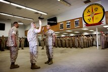Tucson, Ariz.-Native Luis A. Ochoa, an embarker with Chemical Biological Incident Response Force is promoted to the rank of staff sergeant during a ceremony at Chemical Biological Incident Response Force (CBIRF) headquarters aboard Naval Support Facility Indian Head, Md., April 4, 2016. When directed, CBIRF forward-deploys and/or responds with minimal warning to a chemical, biological, radiological, nuclear and high yield explosive (CBRNE) threat or event in order to assist local, state, or federal agencies and the geographic combatant commanders in the conduct of CBRNE response or consequence management operations, providing capabilities for command and control; agent detection and identification; search, rescue, and decontamination; and emergency medical care for contaminated personnel. (Official USMC Photos by Sgt. Jonathan Herrera)