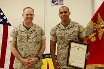 Tucson, Ariz.-Native Luis A. Ochoa, an embarker with Chemical Biological Incident Response Force is promoted to the rank of staff sergeant during a ceremony at Chemical Biological Incident Response Force (CBIRF) headquarters aboard Naval Support Facility Indian Head, Md., April 4, 2016. When directed, CBIRF forward-deploys and/or responds with minimal warning to a chemical, biological, radiological, nuclear and high yield explosive (CBRNE) threat or event in order to assist local, state, or federal agencies and the geographic combatant commanders in the conduct of CBRNE response or consequence management operations, providing capabilities for command and control; agent detection and identification; search, rescue, and decontamination; and emergency medical care for contaminated personnel. (Official USMC Photos by Sgt. Jonathan Herrera)