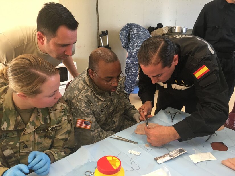 During Exercise SUR 2016, in Seville, Spain, the Medical Support Unit - Europe, from the U.S. Army Reserve's 7th Mission Support Command, triaged patients and networked and shared common practices with the Spanish Red Cross, the Spanish Army Medical Unit and the Navy Environmental Preventative Medicine Unit 7 or NEPMU7 along with Navy Seabee Medical and Naval Hospital Rota personnel. (Photo courtesy Medical Support Unit - Europe)