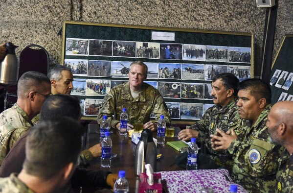 Chief Master Sgt. of the Air Force James A. Cody attends an Afghan air force senior enlisted seminar with train, advise and assist Airmen at Hamid Karzai International Airport, Afghanistan, April 6, 2016. During his trip, Cody engaged with Airmen deployed to Afghanistan in support of the NATO Resolute Support mission and Operation Freedom’s Sentinel through a series of Q&A format all calls, small group discussions and personal site visits. (U.S. Air Force photo/Tech. Sgt. Nicholas Rau)