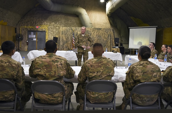 Chief Master Sgt. of the Air Force James A. Cody addresses concerns from junior enlisted Airmen assigned to the 451st Air Expeditionary Group at Kandahar Airfield, Afghanistan, April 6, 2016. During his trip, Cody engaged with Airmen deployed to Afghanistan in support of the NATO Resolute Support mission and Operation Freedom’s Sentinel through a series of Q&A format all calls, small group discussions and personal site visits. (U.S. Air Force photo/Tech. Sgt. Nicholas Rau)