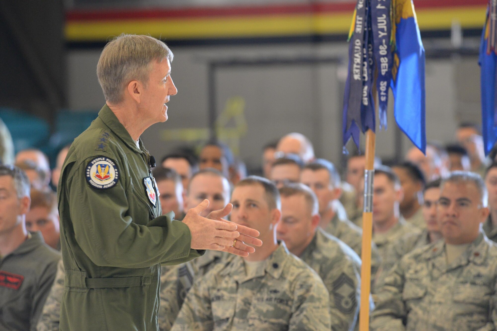 U.S. Air Force Gen. Hawk Carlisle, commander of Air Combat Command, speaks to 388th Fighter Wing Airmen during an all-call April 7 at Hill Air Force Base, Utah. Carlisle thanked the group, saying that the reason he still serves is because of Airmen, who are “the greatest group of people in the world.” (U.S. Air Force photo by Paul Holcomb)