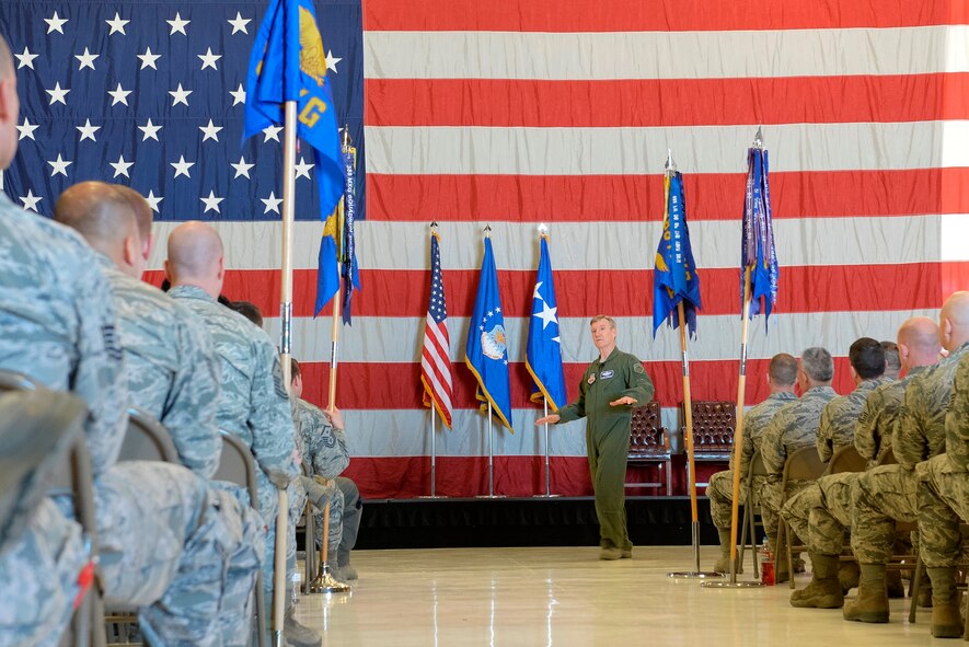 U.S. Air Force Gen. Hawk Carlisle, commander of Air Combat Command, speaks to 388th Fighter Wing Airmen during an all-call April 7 at Hill Air Force Base, Utah, where he spoke about his three R’s – Readiness, Respect and Resiliency. (U.S. Air Force photo by Paul Holcomb)