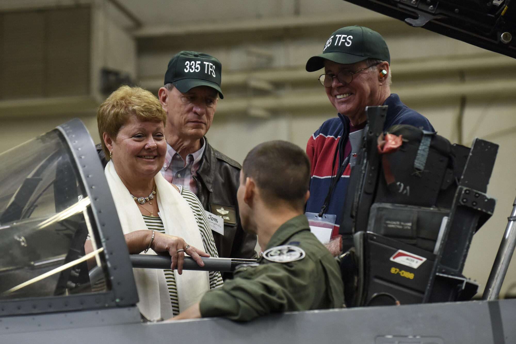 Members of the 335th Tactical Fighter Squadron reunion tour ask questions about the F-15E Strike Eagle aircraft’s capabilities compared to the F-4 Phantom, April 1, 2016, at Seymour Johnson Air Force Base, North Carolina. Formerly assigned to the 335th FS, the attendees contributed to thousands of hours and hundreds of combat missions in the Phantom during the Vietnam War. (U.S. Air Force photo/Airman 1st Class Aaron J. Jenne)