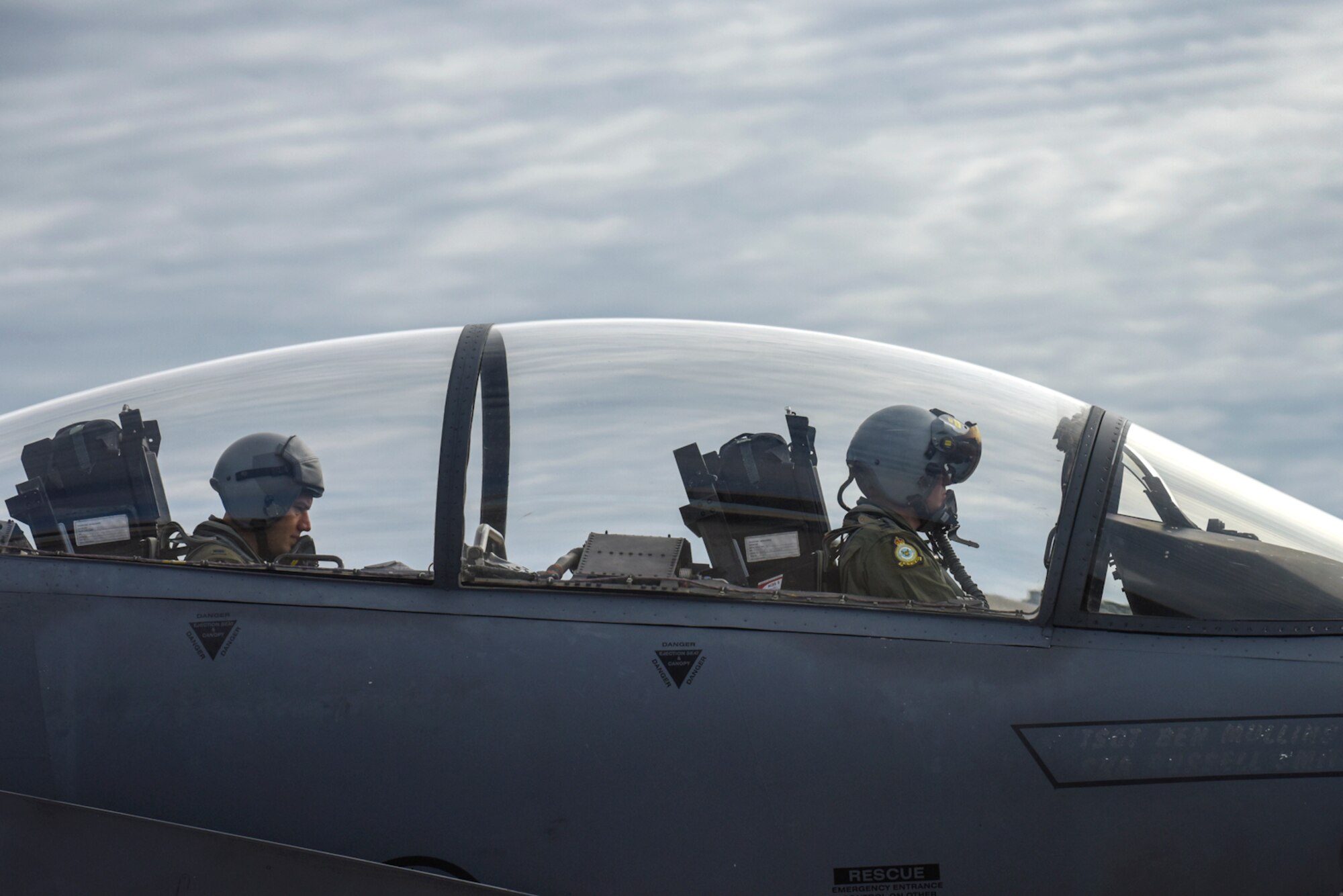 An F-15E Strike Eagle aircraft assigned to the 4th Fighter Wing taxis during Razor Talon, April 8, 2016, at Seymour Johnson Air Force Base, North Carolina. Razor Talon is a monthly low-cost large force training exercise for joint East Coast tactical and support aviation units. (U.S. Air Force photo/ Senior Airman Aaron J. Jenne)