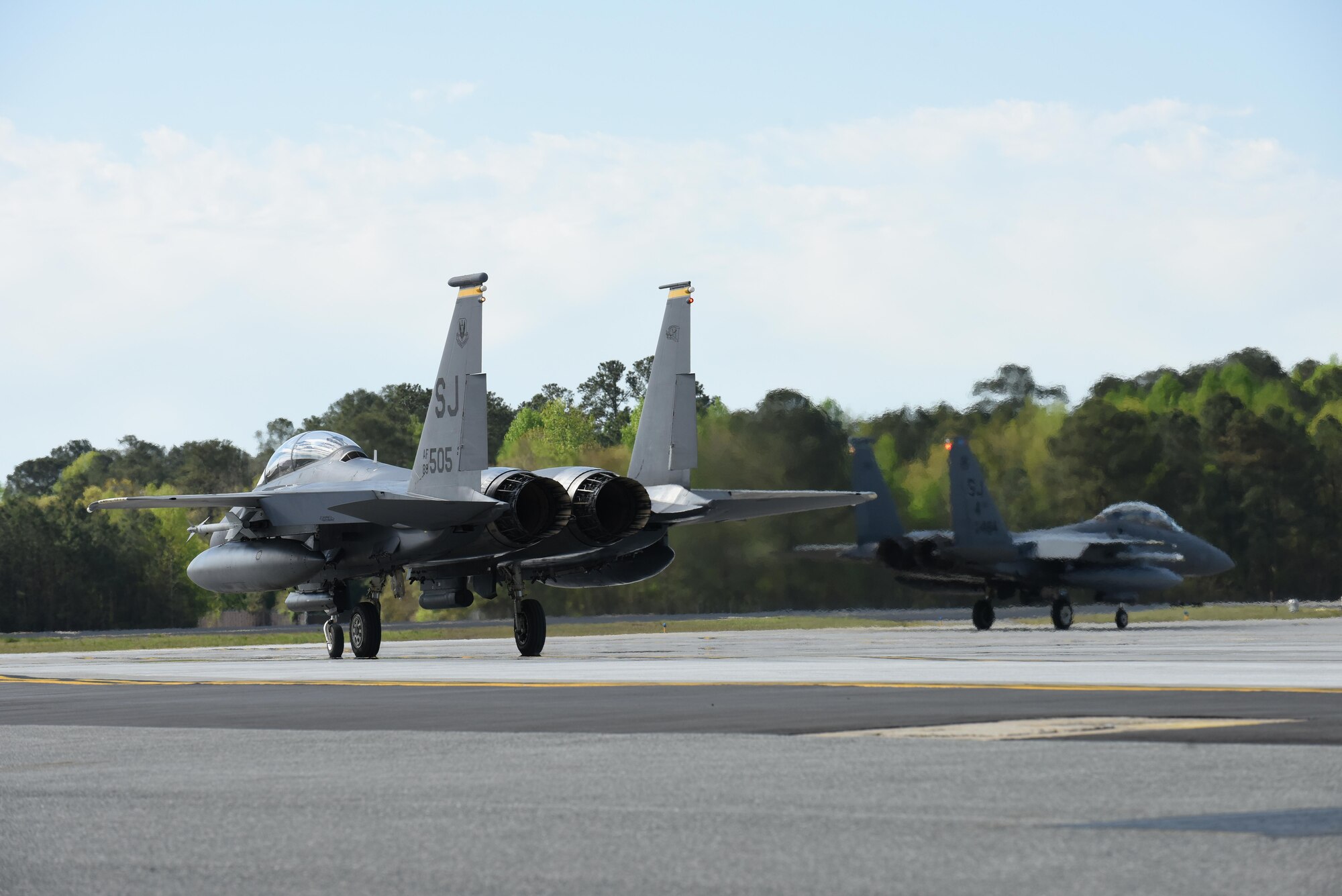 F-15E Strike Eagle aircraft taxi during Razor Talon, April 8, 2016, at Seymour Johnson Air Force Base, North Carolina. The monthly exercise allows service members unique opportunities to combine land, air and sea forces from all service branches in a realistic training environment. (U.S. Air Force photo/ Senior Airman Aaron J. Jenne)
