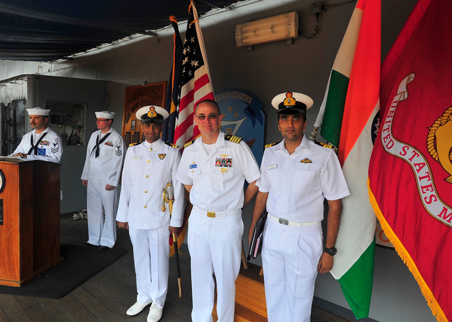 GOA, India (April 8, 2016) - Commanding Officer of the U.S. 7th Fleet flagship USS Blue Ridge (LCC 19), Capt. Matt Paradise, is welcomed to Goa by a ceremonial representative from the Indian Navy. It is customary for a ship conducting a port call in India to be greeted by a ceremonial member of their service to their country. Blue Ridge is currently on patrol in the 7th Fleet area of operations strengthening and fostering relationships within the Indo-Asia-Pacific. 