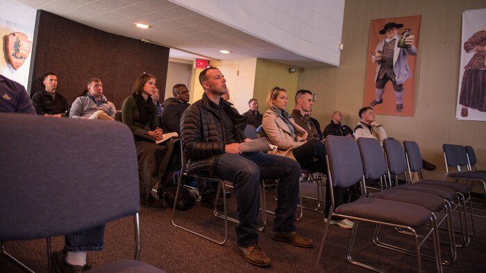 Marines with the Expeditionary Warfare School battle site study group watch a short video on the Battle of Saratoga during their trip to Saratoga Springs, New York, April 5, 2016. The Marines with the Expeditionary Warfare School group attend the Saratoga Battle site visit as part of the EWS Enrichment Program.
