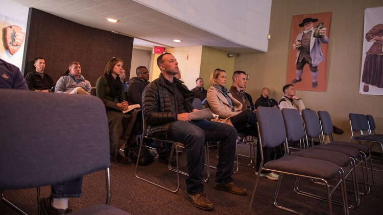 Marines with the Expeditionary Warfare School battle site study group watch a short video on the Battle of Saratoga during their trip to Saratoga Springs, New York, April 5, 2016. The Marines with the Expeditionary Warfare School group attend the Saratoga Battle site visit as part of the EWS Enrichment Program.