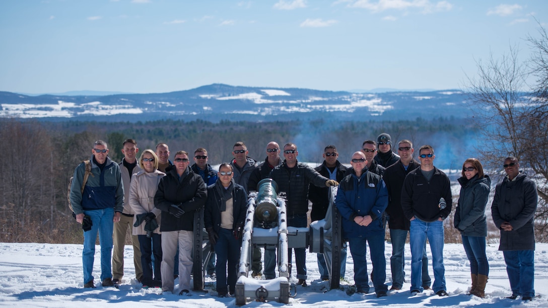 The Marines with the Expeditionary Warfare School battle site study group visited the Battle of Saratoga battlefield during their trip to Saratoga Springs, New York, April 5, 2016. The Marines post for a photo during their trip to the Battle of Saratoga as part of the EWS Enrichment Program.