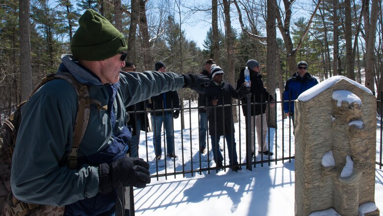 Col. Jason Bohm, the director of the Expeditionary Warfare School makes a shot stop at the memorial for Maj. Gen. Benedict Arnold during their trip to Saratoga Springs, New York on April 5, 2016. Bohm noted that although Arnold is know to most as a traitor to America during the War, he was still considered by Gen. George Washington as one of his most trusted military officers.