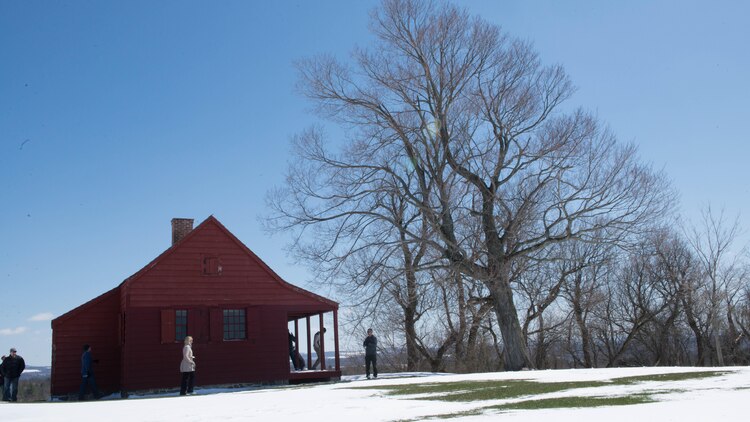 The Marines with the Expeditionary Warfare School battle site study group visited the reconstructed Neilson Farm, which played key part during the Battle of Saratoga as part of their trip to Saratoga Springs, New York on April 5, 2016. The farm allowed for an elevated view of the terrain and was used as the headquarters for Brig. Gen. Enoch Poor and Gen. Benedict Arnold of the Continental Army.
