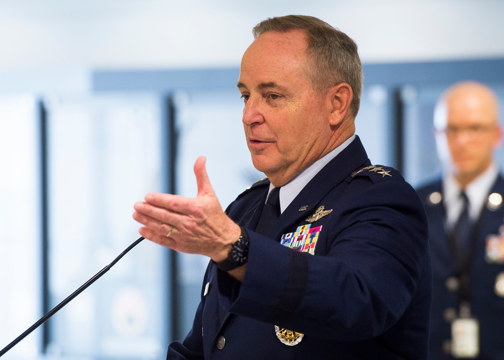 Air Force Chief of Staff Gen. Mark. A Welsh III gives his remarks before presenting the Lance P. Sijan Leadership Award to the 2014 and 2015 recipients during a ceremony at the Pentagon in Washington, D.C., April 7, 2016. The award was named in honor of the first Air Force Academy graduate to receive the Medal of Honor. Each year it is given to a senior and junior officer and a senior and junior enlisted member who demonstrated outstanding leadership abilities throughout the year. (U.S. Air Force photo/Jim Varhegyi)