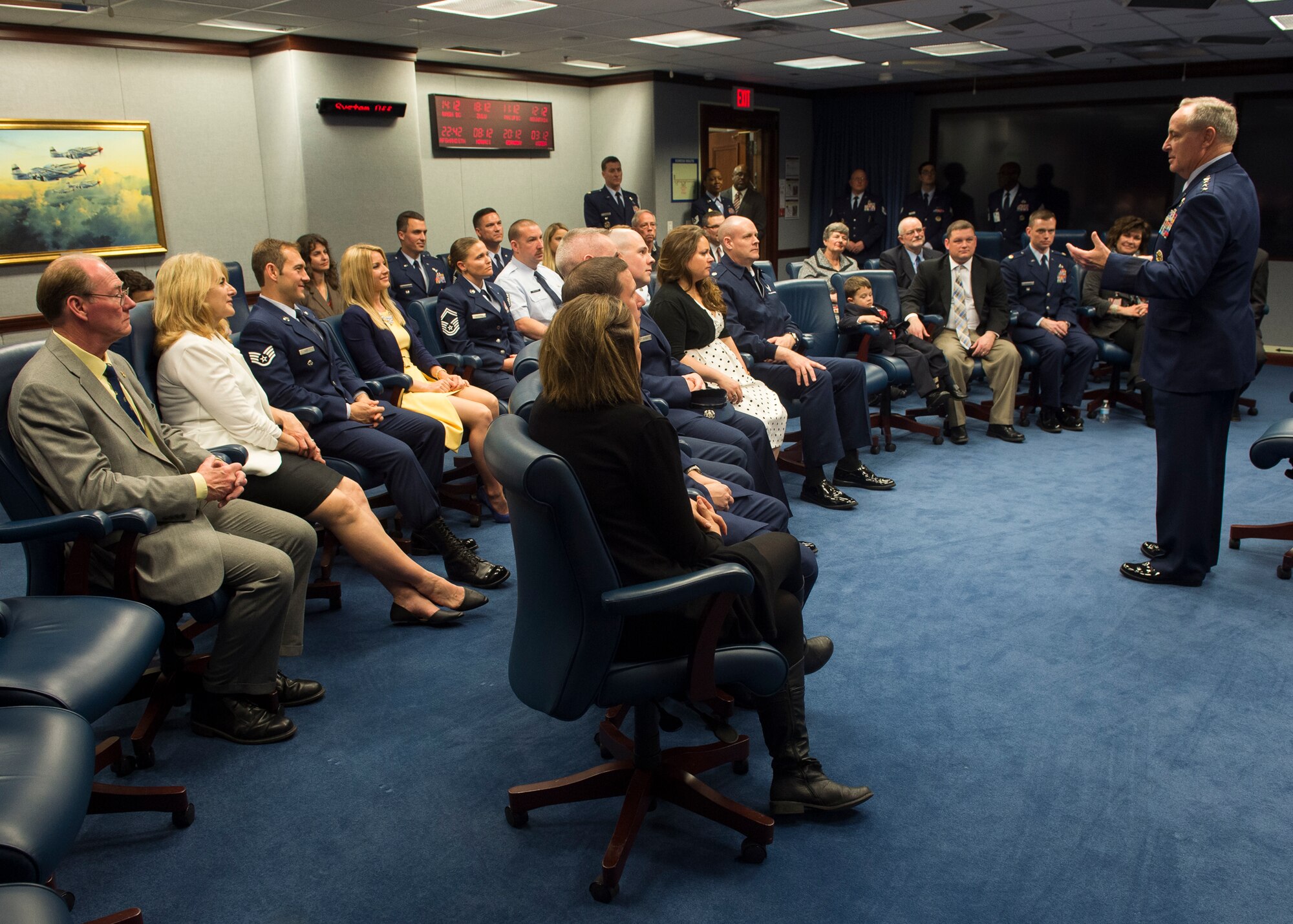 Air Force Chief of Staff Gen. Mark. A Welsh III talks with the 2014 and 2015 Lance P. Sijan Leadership award winners prior to their award ceremony at the Pentagon in Washington, D.C., April 7, 2016. Each year, the award is given to a senior and junior officer and a senior and junior enlisted member who demonstrated outstanding leadership abilities throughout the year. The 2014 winners are: Lt. Col. Stephen Matthews, Capt. John Sullivan, Master Sgt. Janell McGivern and Senior Airman Tristen Windel. The winners for 2015 are: Maj. Patrick Kolesiak, Capt. David Plachno, Senior Master Sgt. Justin Deisch and Tech. Sgt. Kevin Henderson. (U.S. Air Force photo/Jim Varhegyi)