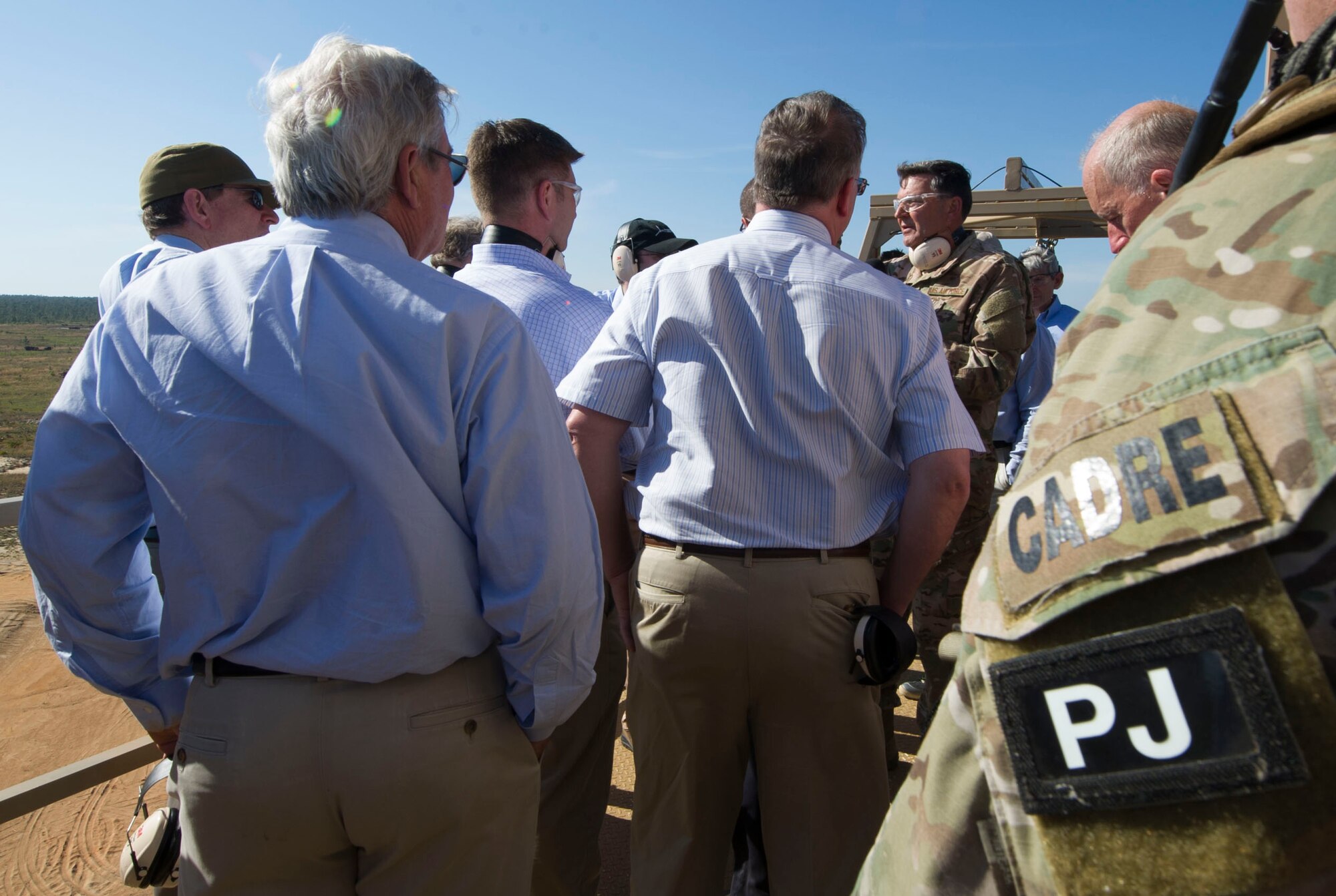 Lt. Gen. Brad Heithold, Air Force Special Operations Command, explains how an AC-130 strikes targets in combat situations during an air power demonstration April 7, 2016, on Eglin range A-78. This was part of the Business Executives in National Security orientation to Air Force Special Operations Command. (U.S. Air Force photo/Senior Airman Krystal M. Garrett)