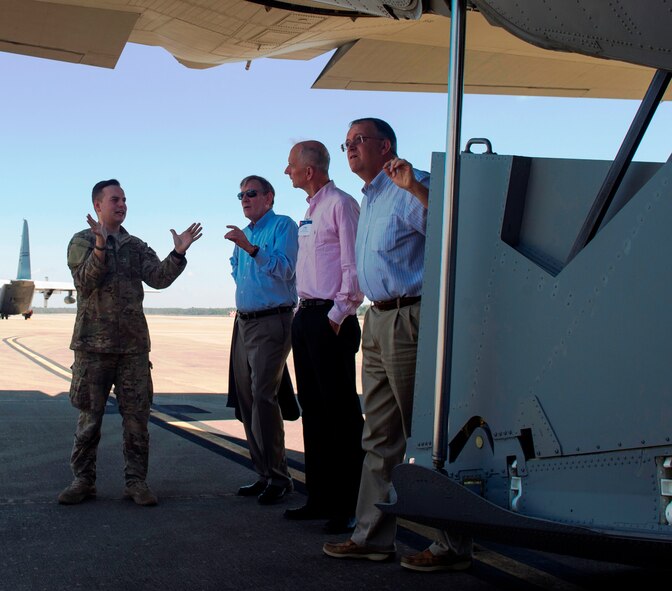 Members of the Business Executives for National Security are given capabilities briefs for different aircraft during a tour at Hurlburt Field, Fla., April 7, 2016. The 17-person BENS group spent a day getting an orientation with Air Force Special Operations Command missions and Air Commandos. (U.S. Air Force photo by Airman 1st Class Kai White)
