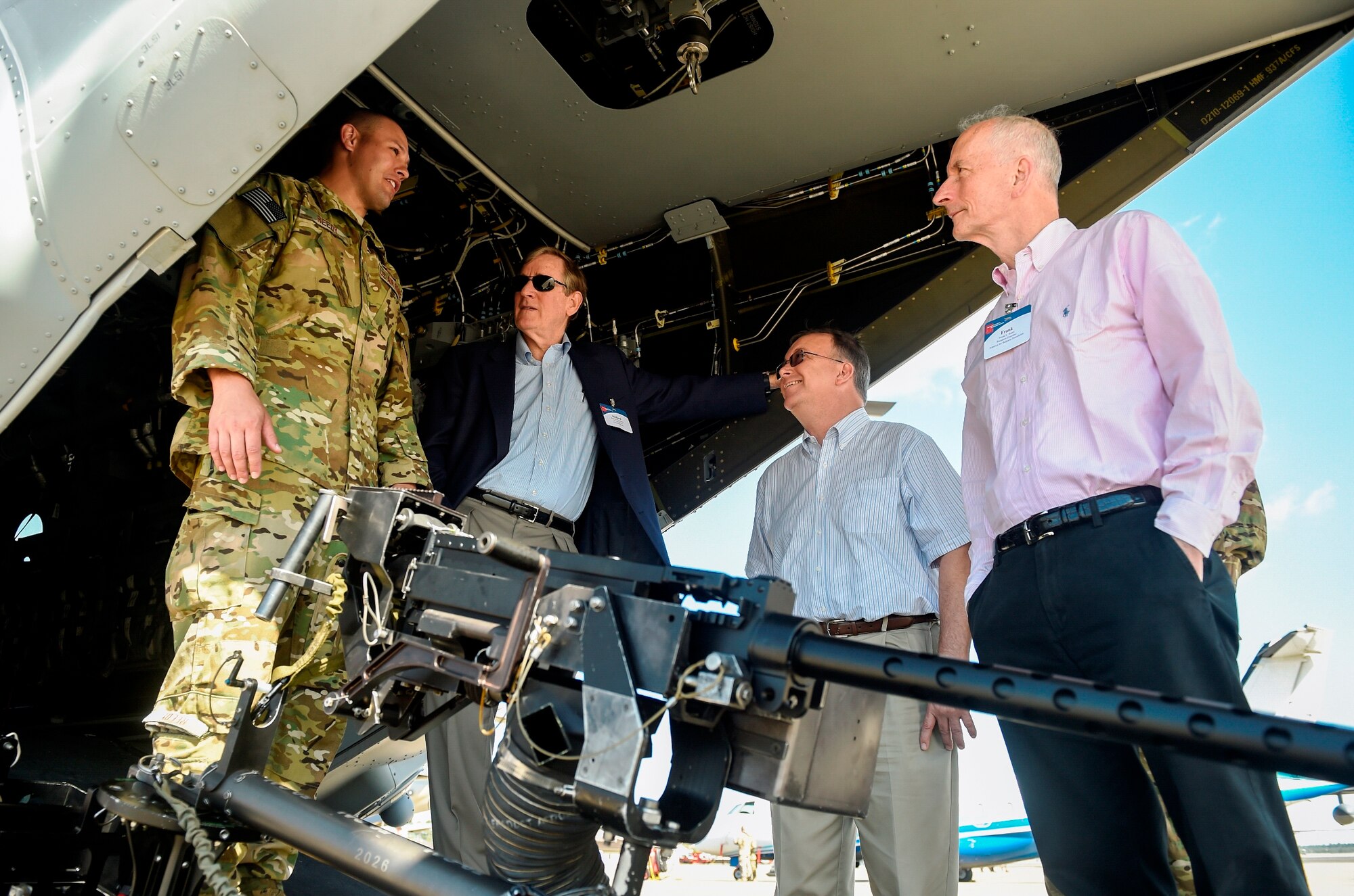 Staff Sgt. Christopher Reedy, 8th Special Operations Squadron, explains CV-22 Osprey capabilities during the Business Executives for National Security tour at Hurlburt Field, Fla., April 7, 2016. The 17-person BENS group spent a day getting an orientation with Air Force Special Operations Command missions and Air Commandos. (U.S. Air Force photo by Airman 1st Class Kai White)