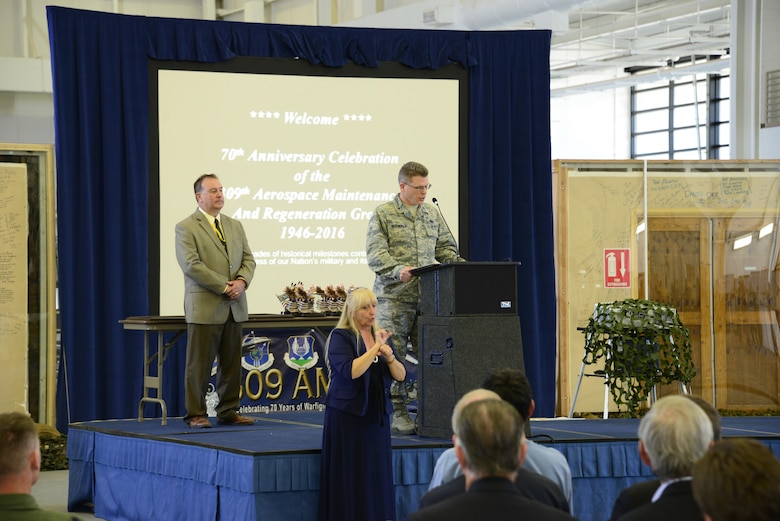 U.S. Air Force Brig. Gen. Steven J. Bleymaier, Commander of Ogden Air Logistics Complex at Hill Air Force Base, Utah, speaks during the during the 70th Anniversary Celebration of the 309th Aerospace Maintenance and Regeneration Group at Davis-Monthan Air Force Base, Ariz., April 4, 2016.   As the Department of Defense continues to adjust to national security threats and fiscal realities, AMARG will remain a key force enabler allowing the United States to rapidly adjust to the global environment and provide world-class aircraft maintenance and logistics support as part of the larger Air Force Sustainment Center Enterprise that supports the DoD and other government agencies - truly a National-level Air Power Reservoir. (U.S. Air Force Photo by Senior Airman Chris Massey/Released)