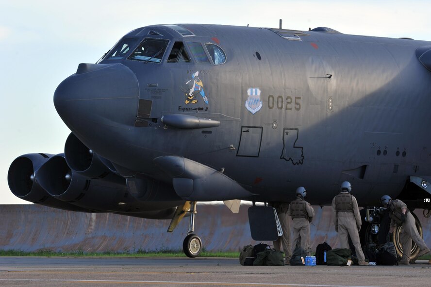 Aircrew load gear and supplies into their B-52 Stratofortress prior to departure from Barksdale Air Force Base, La., April 8. Several B-52s deployed to Al Udeid Air Base, Qatar, in support of ongoing operations in U.S. Central Command’s area of responsibility. This is the first time B-52s have been based in the area since conducting missions out of Saudi Arabia during Operation Desert Storm in 1991. (U.S. Air Force photo/Senior Airman Joseph Raatz)