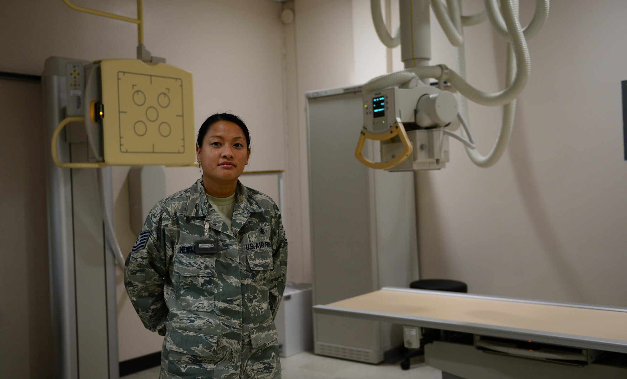 U.S Air Force Tech. Sgt. Mia Newmeyer, the 354th Medical Group Diagnostics and Therapeutics flight chief, takes a quick break from her duties April 6, 2016, at Eielson Air Force Base, Alaska. Newmeyer said her favorite part of Alaska is the summer and being able to go fishing. (U.S. Air Force photo by Airman 1st Class Cassandra Whitman/Released)