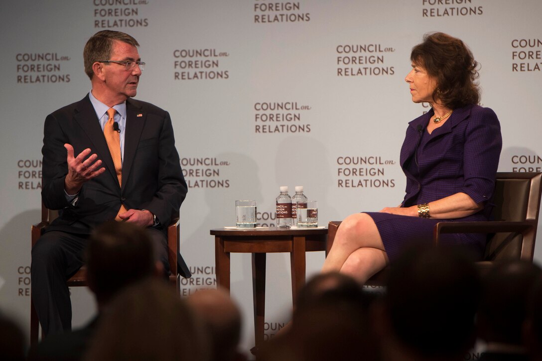 Defense Secretary Ash Carter participates in a discussion on America's growing security network in the Asia-Pacific with Mary Boies, Council on Foreign Relations board member, following a speech in New York City, April 8, 2016. DoD photo by Navy Petty Officer 1st Class Tim D. Godbee 