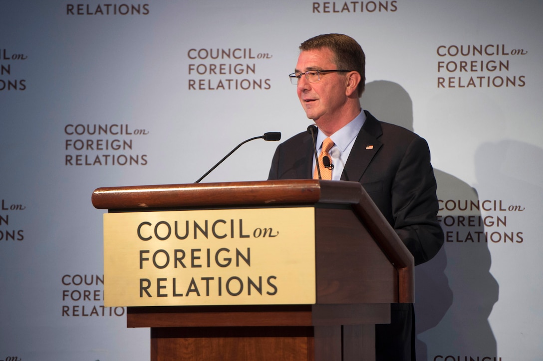 Defense Secretary Ash Carter makes remarks on America's growing security network in the Asia-Pacific during a speech at the Council on Foreign Relations in New York City, April 8, 2016. DoD photo by Navy Petty Officer 1st Class Tim D. Godbee