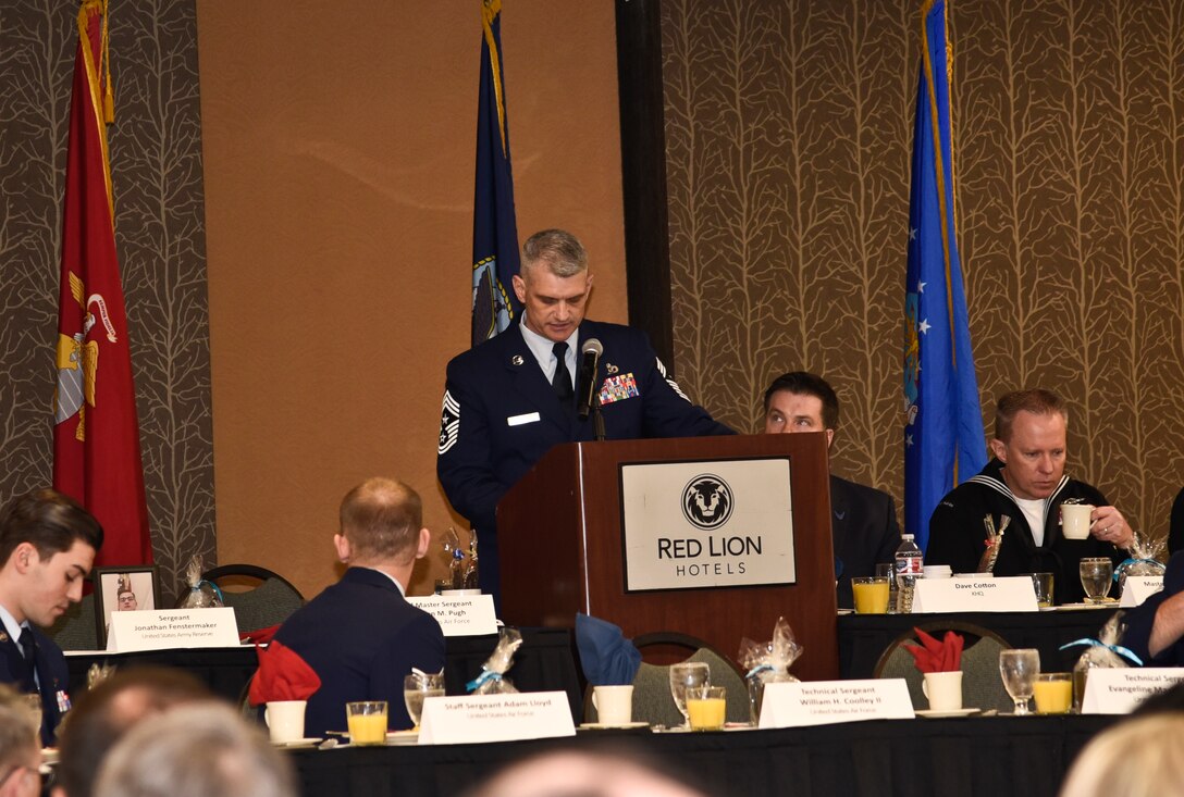 Chief Master Sgt. Christian Pugh, 92nd Air Refueling Wing command chief, speaks during the Let Freedom Ring breakfast April 8, 2016, at the Red Lion Hotel at the Park in Spokane, Wash. The event honored military members from all branches, including GSI presenting the Armed Forces Persons of the Year award. (U.S. Air Force Photo/Airman 1st Class Taylor Bourgeous) 