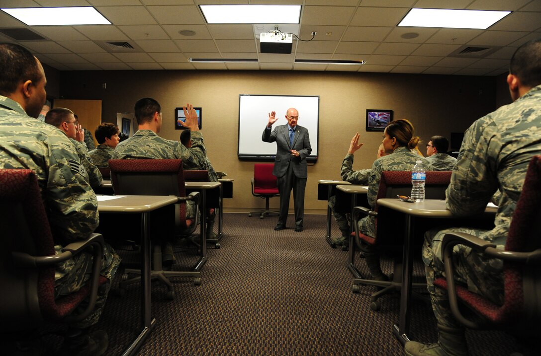 U.S. Air Force Chief Master Sgt. (ret.) James McCoy, the sixth Chief Master Sgt. of the Air Force, speaks with Airman Leadership School students at Whiteman Air Force Base, Mo., April 1, 2016. McCoy answered questions and shared stories of his time in the service with the Airmen.  McCoy was also the guest speaker at the Chiefs’ Recognition Ceremony that evening. (U.S. Air Force photo by Airman 1st Class Keenan Berry)