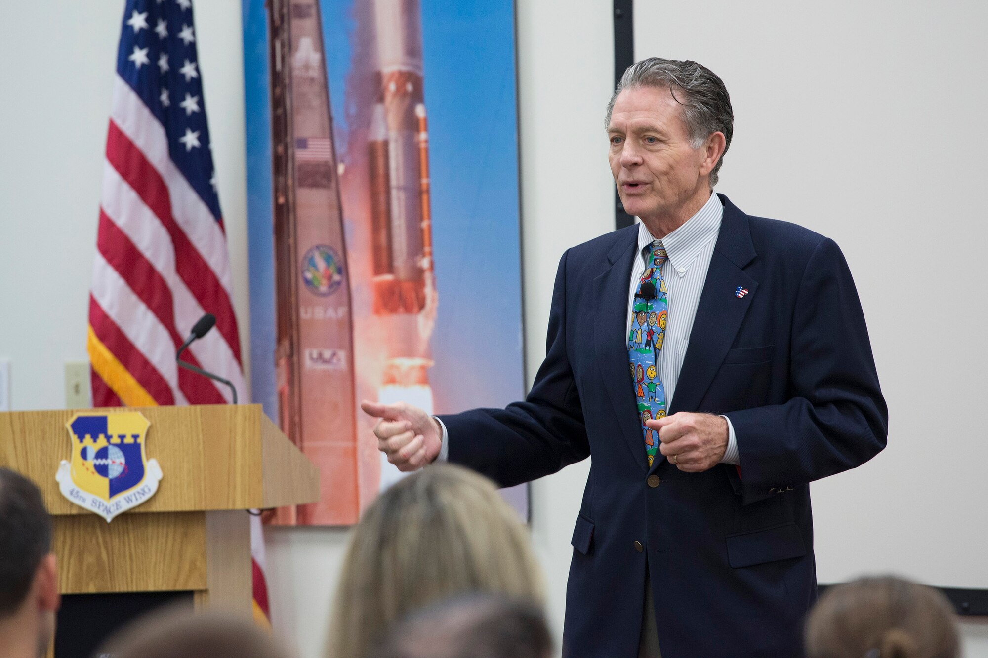 Lee Cockerell, former Executive Vice President of Operations at Walt Disney World Resort addresses the crowd at the Professional Development Center, Patrick Air Force Base, Fla., April 8. The author’s presentation about keys to becoming a great leader was the first of three events in the 45th Force Support Squadron’s Leadership Speaker Series. For more information on the series, call the PDC at (321) 494-4547. Military and DoD civilians can also register for a future event at the SharkU internal website via SharePoint under the 45th FSS tab. (U.S. Air Force photo/Matthew Jurgens) (Released) 
