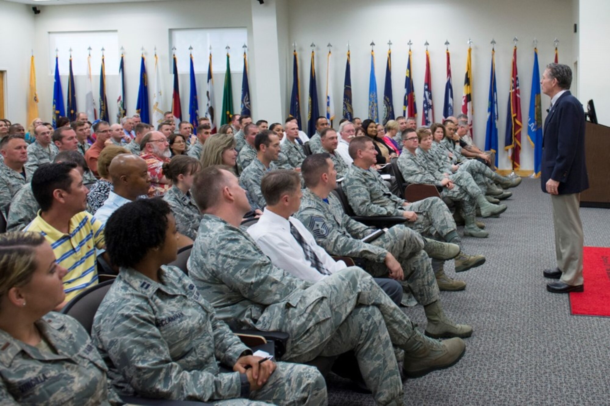 Lee Cockerell, former Executive Vice President of Operations at Walt Disney World Resort addresses the crowd at the Professional Development Center, Patrick Air Force Base, Fla., April 8. The author’s presentation about keys to becoming a great leader was the first of three events in the 45th Force Support Squadron’s Leadership Speaker Series. For more information on the series, call the PDC at (321) 494-4547. Military and DoD civilians can also register for a future event at the SharkU internal website via SharePoint under the 45th FSS tab.  (U.S. Air Force photo/Matthew Jurgens) (Released) 