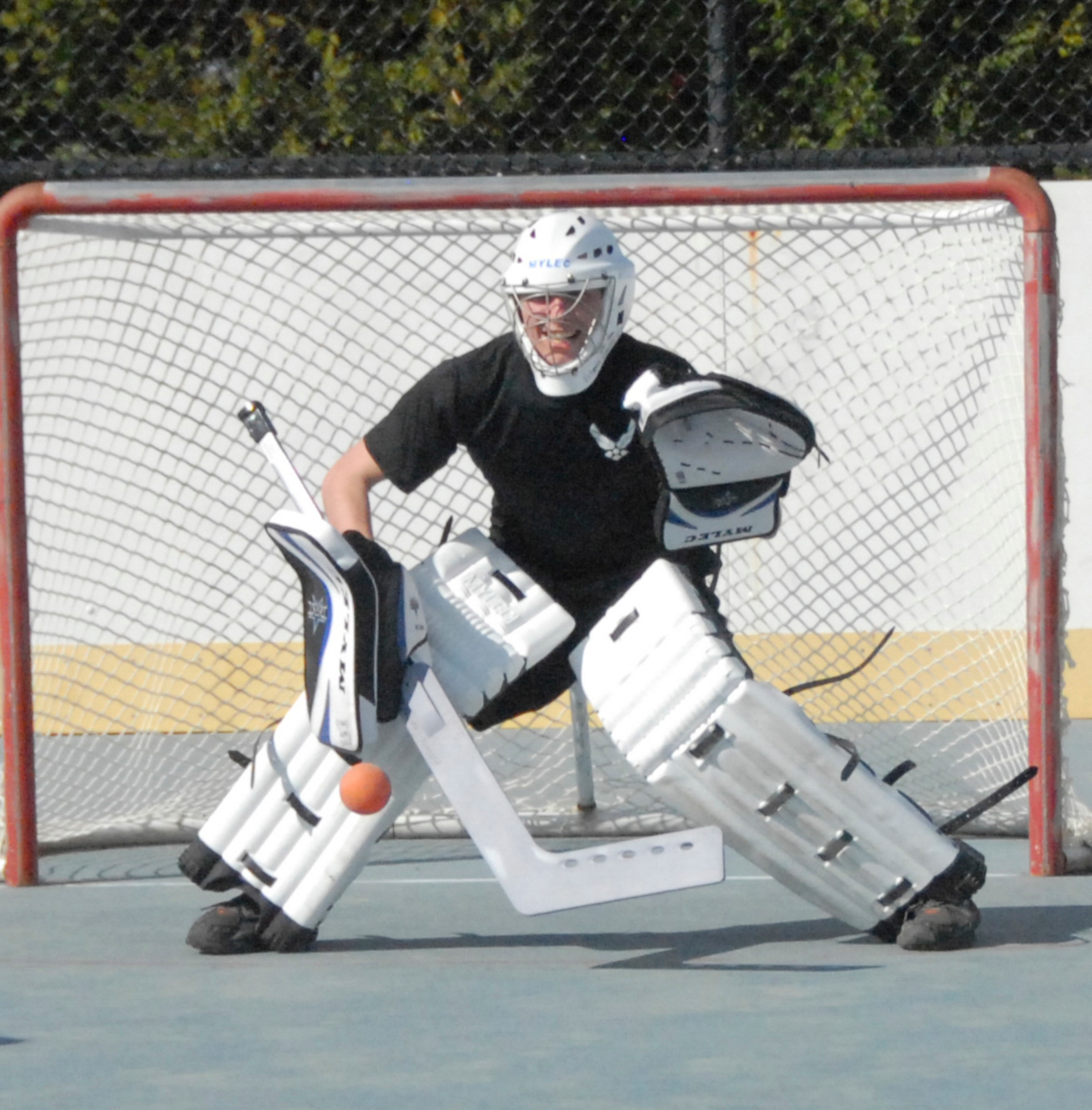 The Robins Fitness Center held its inaugural Ball Hockey tournament this week introducing the sport to novices and experienced players alike. To find out more, contact the fitness center at 478-926-2128 or DSN 468-2128. (U.S. Air Force photo by Misuzu Allen)
