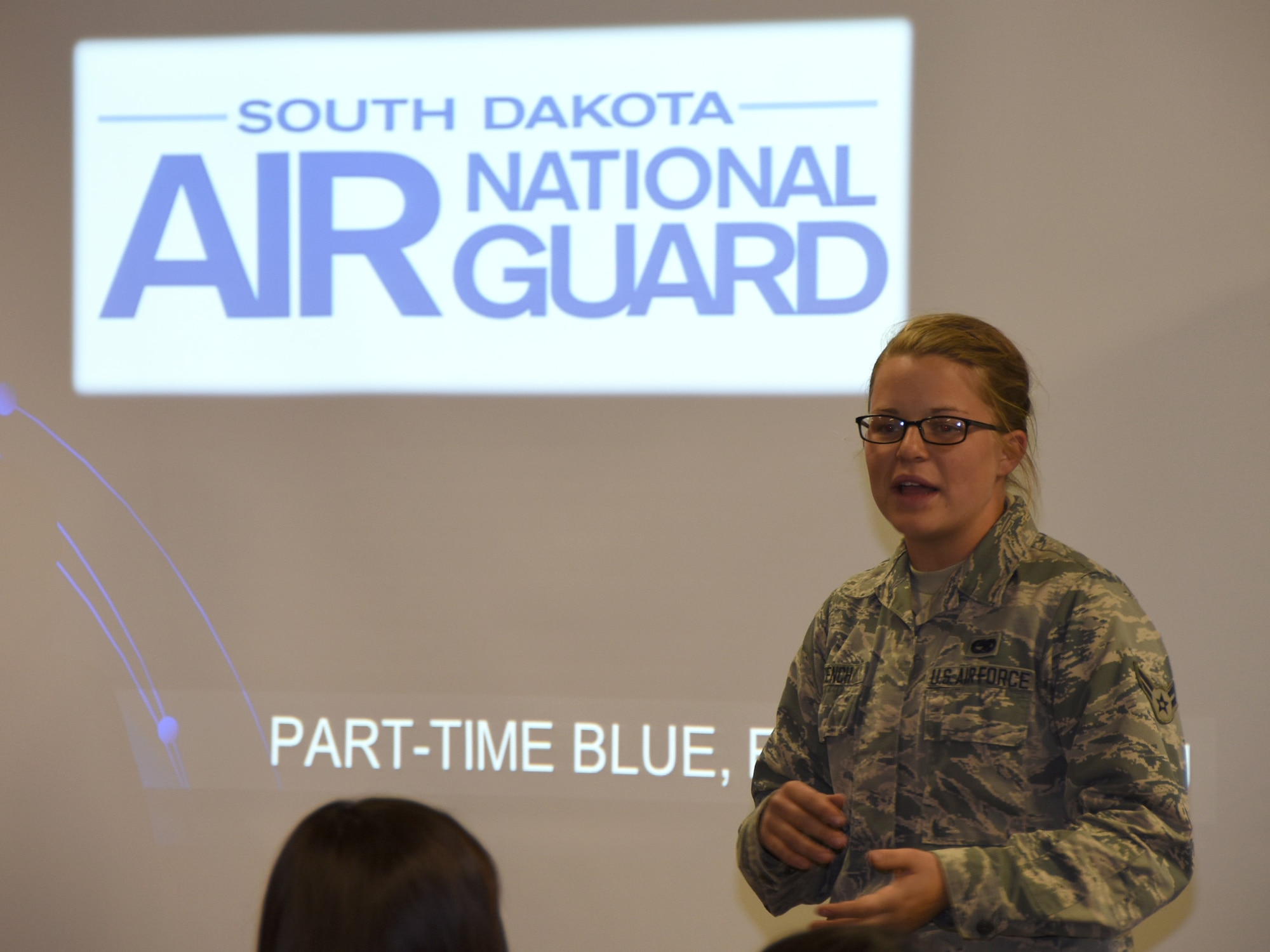 SIOUX FALLS, S.D. - Airman First Class Katherine French, 114th Aircraft Maintenance Squadron crew chief, took time away from her training to speak to students at Career Day held at Joe Foss Field, S.D. April 6, 2016.  Airman French recently returned from technical training for her career field and was on hand to enthusiastically encourage other young adults to join the Air National Guard.  (U.S. Air National Guard photo by Senior Master Sgt. Nancy Ausland/Released) 