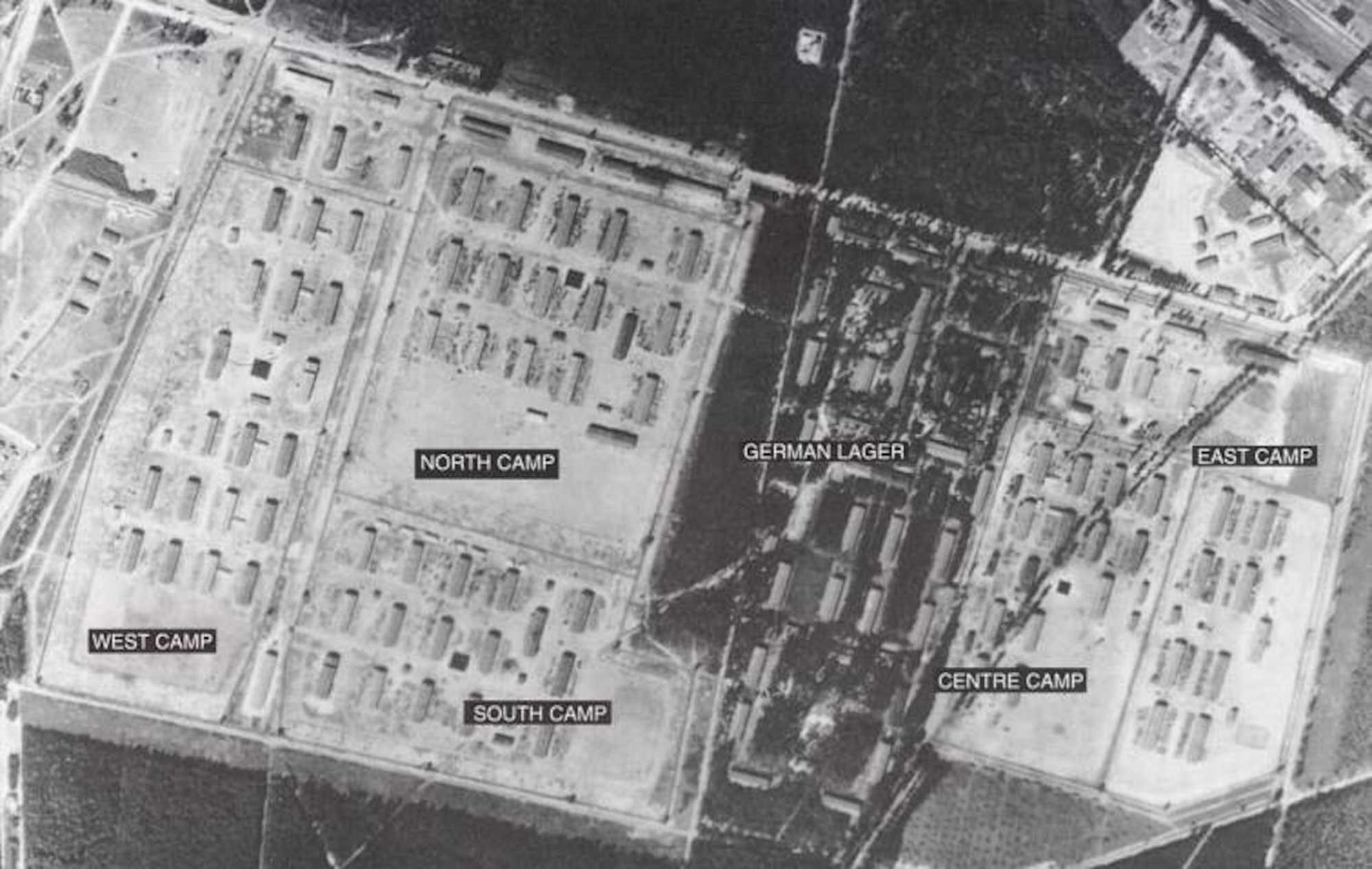 Aerial view of Stalag Luft III, Sagan, Germany, during World War II. The camp was the site of “The Great Escape” in March, 1944, and was later evacuated as Russian forces approached, the POWs being force marched west in winter weather. (Courtesy Pegasusarchive.org)