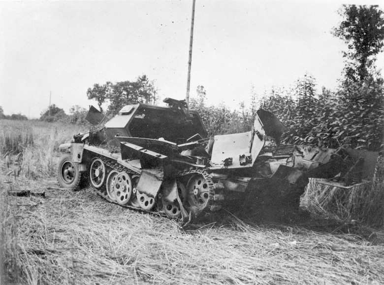 German Wehrmacht halftrack destroyed by 9th Air Force fighter-bombers on 29 July 1944 in France. (National Museum of the USAF)