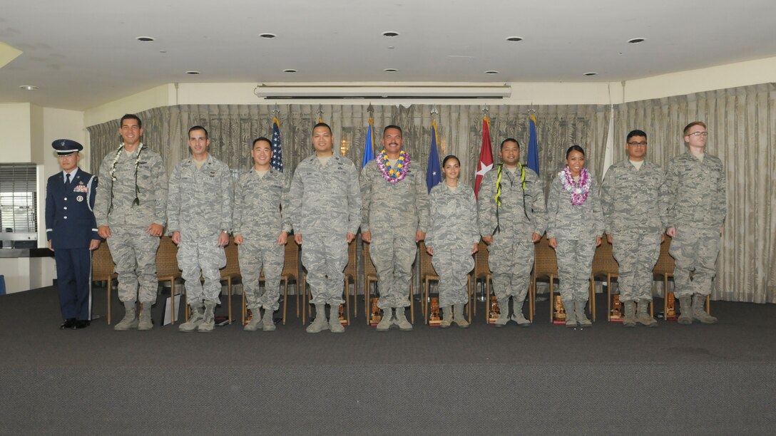 The Hawaii Air National Guard recognize outstanding Airmen during the 2016 Launa 'Ole Awards ceremony at Joint Base Pearl Harbor-Hickam, Hawaii, April 3, 2016. This year marks the 15th year anniversary of the Launa 'Ole Awards. (U.S. Air National Guard photo by Airman 1st Class Robert Cabuco/released)
