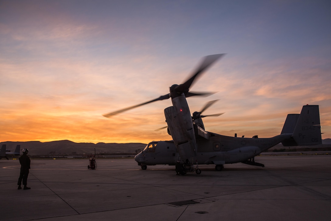 Marines with Marine Medium Tiltrotor Squadron 364 “Purple Foxes,” conduct the post-operations check of an MV-22B Osprey aboard Marine Corps Air Station Camp Pendleton, Calif., April 5. Marines with VMM-364 and VMM-165 spent several hours conducting division confined area landings in Southern California to build and maintain the proficiency of the pilots and air crew. 