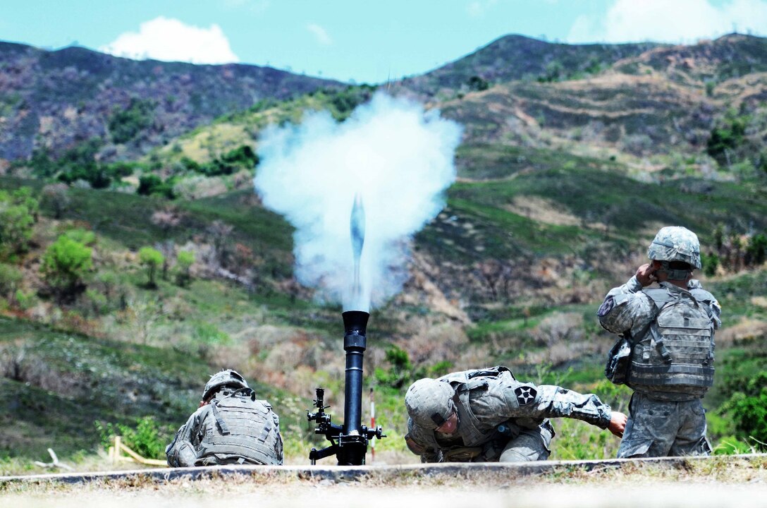 Soldiers from Headquarters and Headquarters Company, 2nd Battalion, 3rd Infantry Regiment, 1-2 Stryker Brigade Combat Team, fire an M252 81mm mortar during combined training at Fort Magsaysay, Philippines, April 7, 2016. The Soldiers were in the Philippines to take part in Balikatan 16, an annual training exercise intended to enhance military-to-military relations and combined combat capabilities. 