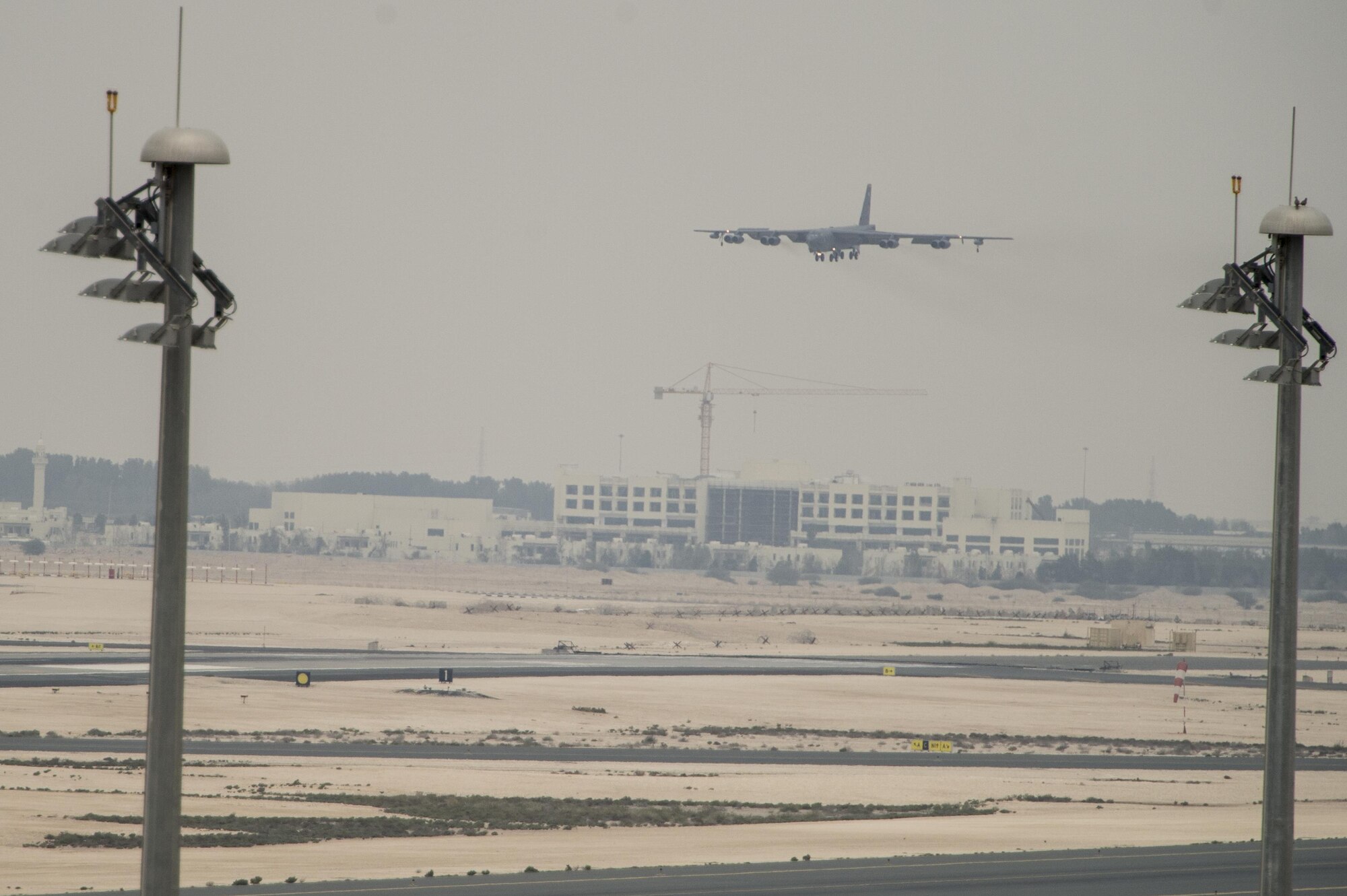A B-52 Stratofortress from Barksdale Air Force Base, Louisiana, arrived at Al Udeid Air Base, Qatar, April 9, 2016.   The United States is a part of a 19-nation air coalition that consists of numerous strike aircraft and the B-52s will bring a unique capability to the fight against Da’esh. The B-52 will add its capabilities to a 19-nation air coalition. (U.S. Air Force photo by Staff Sgt. Corey Hook/Released)