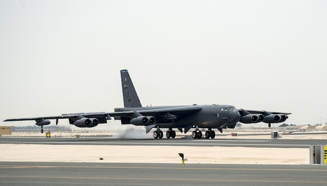 A B-52 Stratofortress from Barksdale Air Force Base, La., touches down at Al Udeid Air Base, Qatar, April 9, 2016. The B-52 offers diverse capabilities including the delivery of precision weapons. The aircraft and its crew have deployed in support Operation Inherent Resolve. This deployment is the first basing of the B-52s in the U.S. Central Command area of responsibility in 26 years. (U.S. Air Force photo/Tech. Sgt. Nathan Lipscomb)